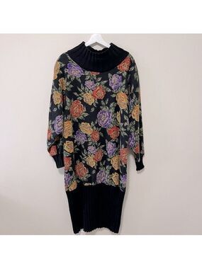 VINTAGE MADE IN ITALY KNIT WOOL MULTICOLOUR FLORAL MIDI DRESS